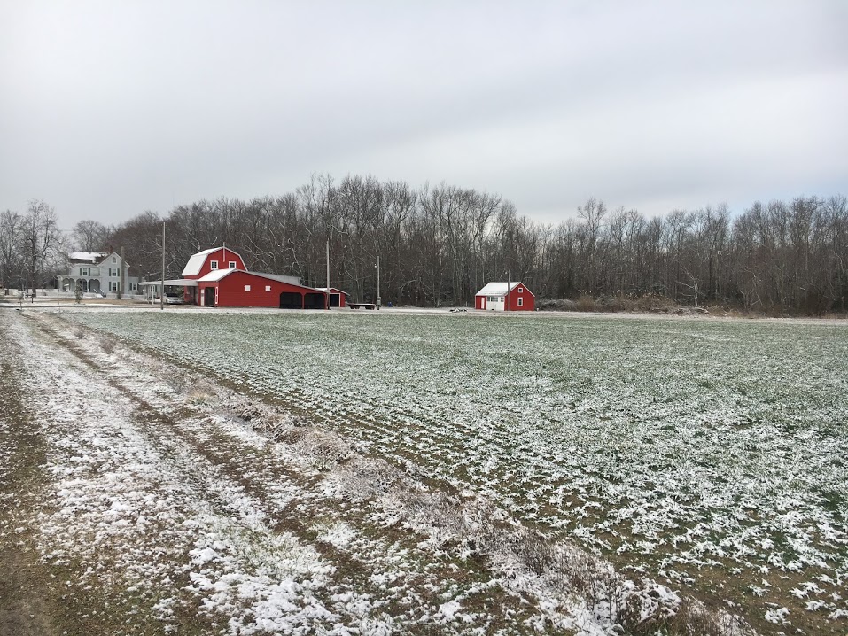 light snow on barns and fields